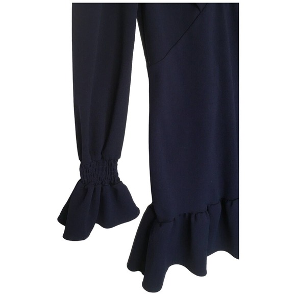 Lulus Womens Medium Style And Flare Ruffled Long Sleeve Mini Dress Navy Blue - Picture 12 of 16